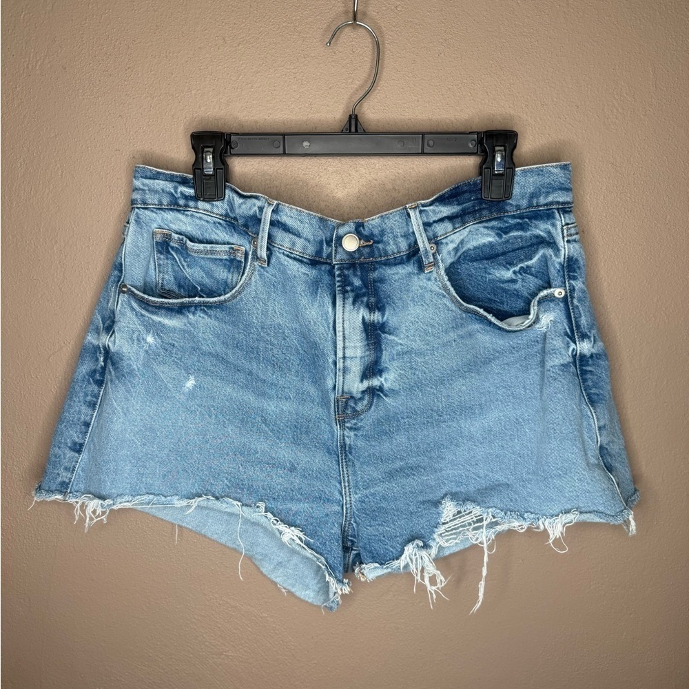 Good American Denim Blue Cotton Jean Shorts Distressed Size 14/32 Preppy Summer - Picture 6 of 11